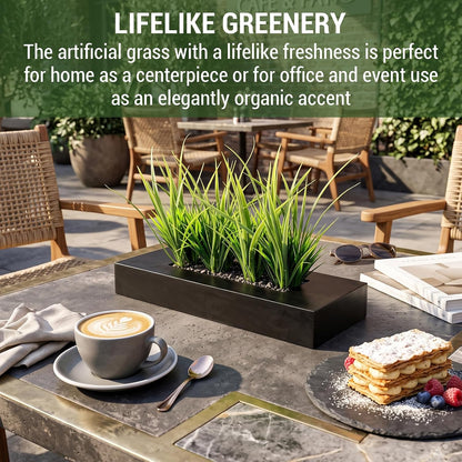MyGift Fake Grass Plant in Rectangular Black Wood Planter (Black, 9.3 Inch)
