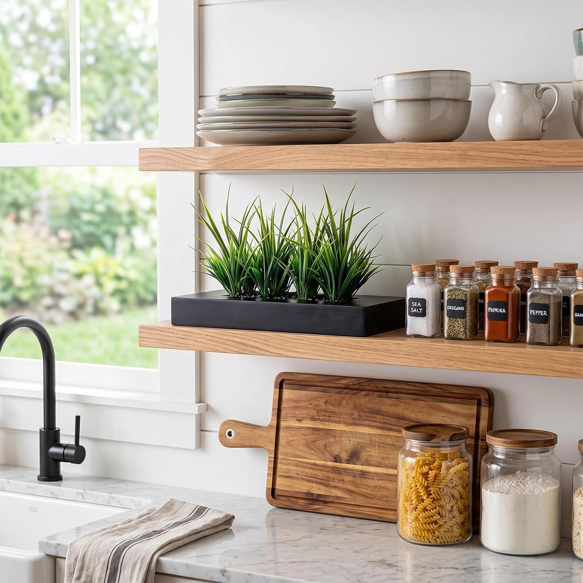 MyGift Fake Grass Plant in Rectangular Black Wood Planter (Black, 9.3 Inch)