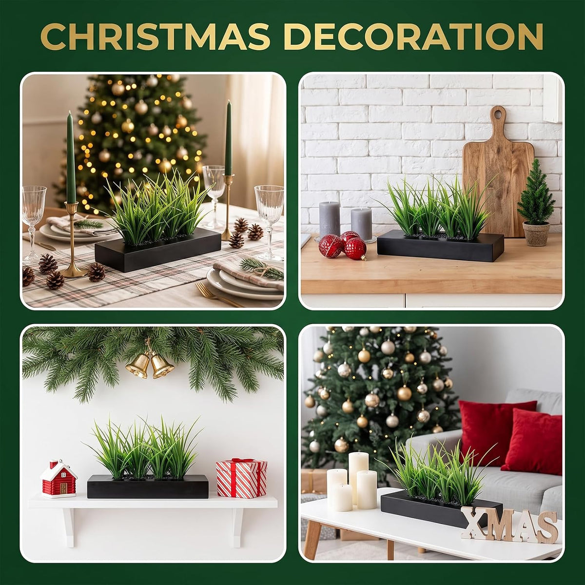 MyGift Fake Grass Plant in Rectangular Black Wood Planter (Black, 9.3 Inch)