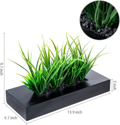 MyGift Fake Grass Plant in Rectangular Black Wood Planter (Black, 9.3 Inch)