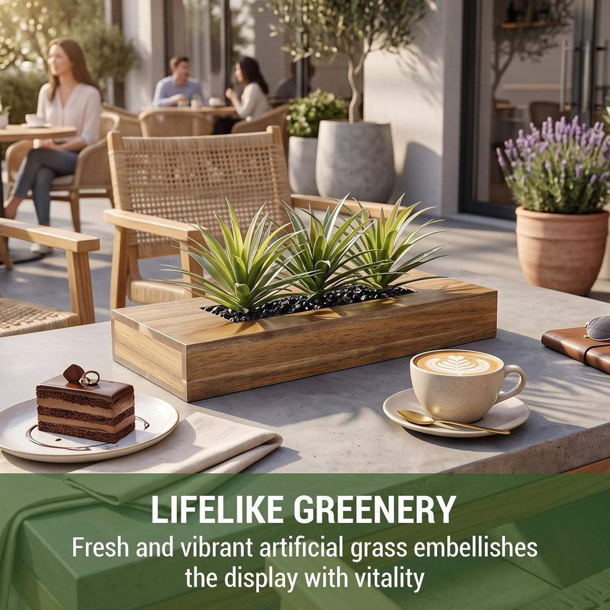 MyGift Fake Grass Plant in Rectangular Black Wood Planter (Black, 9.3 Inch)