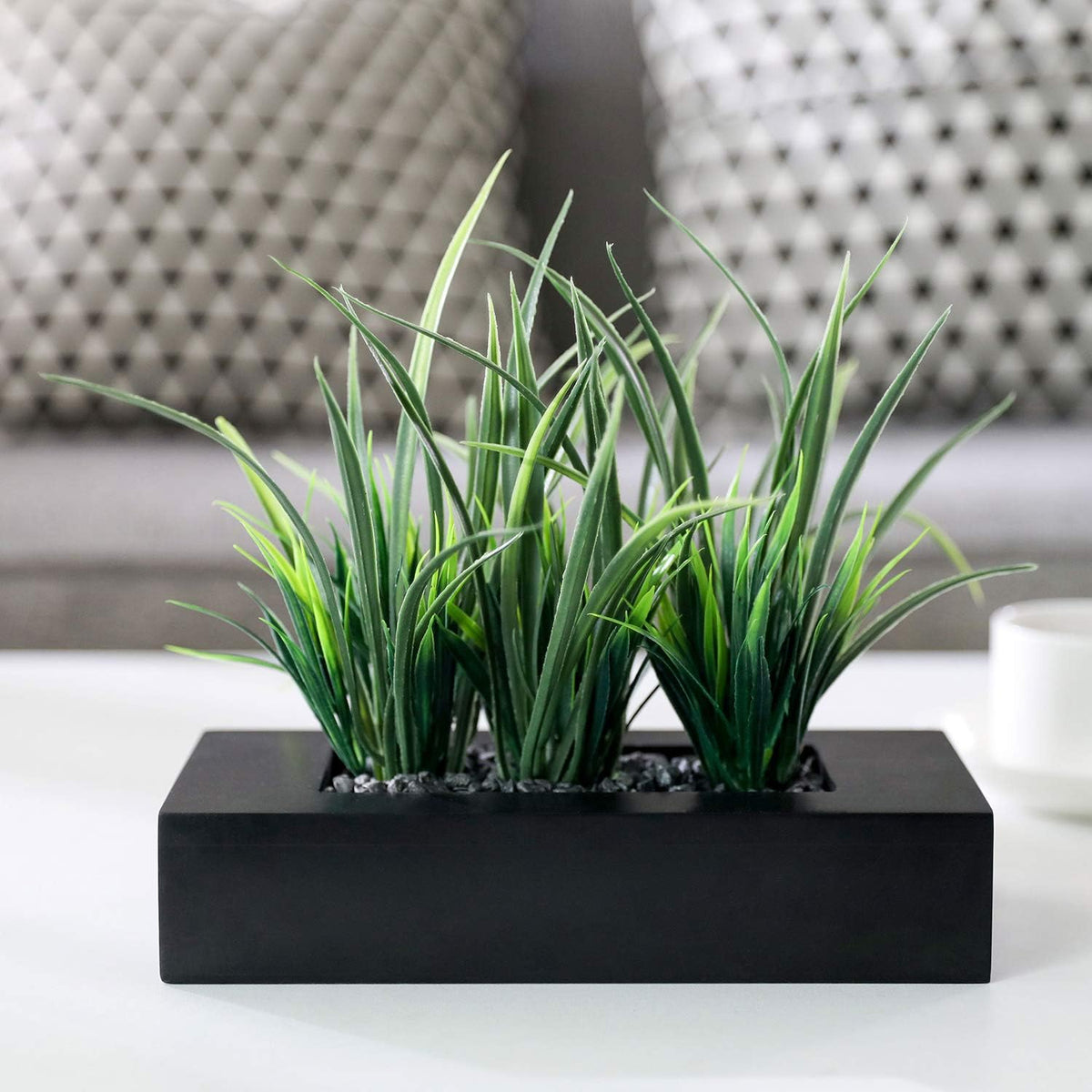 MyGift Fake Grass Plant in Rectangular Black Wood Planter (Black, 9.3 Inch)