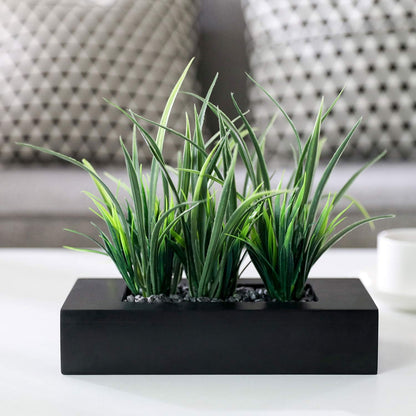 MyGift Fake Grass Plant in Rectangular Black Wood Planter (Black, 9.3 Inch)