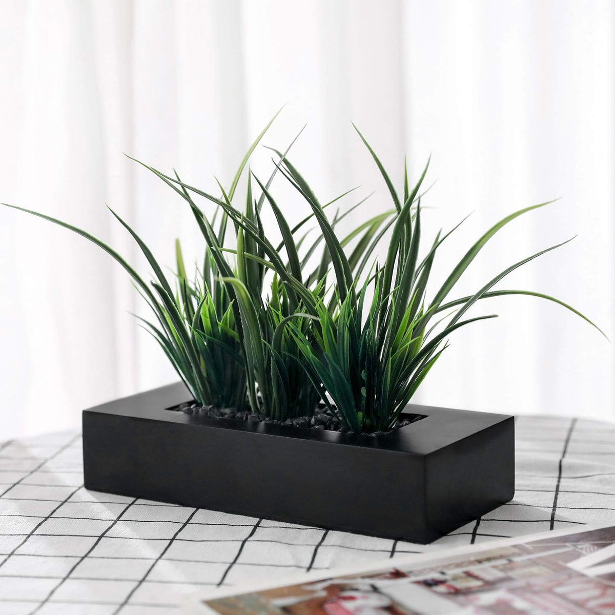 MyGift Fake Grass Plant in Rectangular Black Wood Planter (Black, 9.3 Inch)