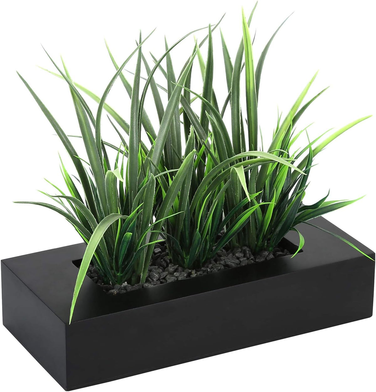 MyGift Fake Grass Plant in Rectangular Black Wood Planter (Black, 9.3 Inch)