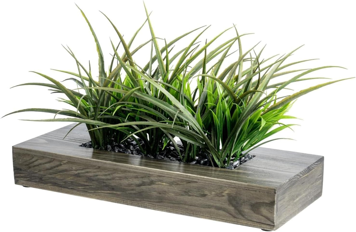 MyGift Fake Grass Plant in Rectangular Black Wood Planter (Black, 9.3 Inch)