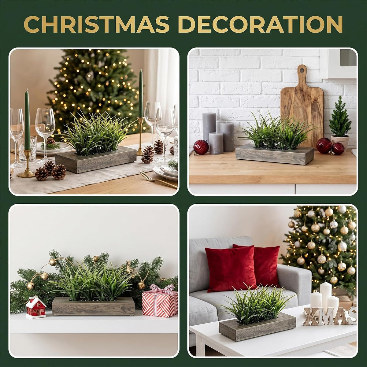 MyGift Fake Grass Plant in Rectangular Black Wood Planter (Black, 9.3 Inch)