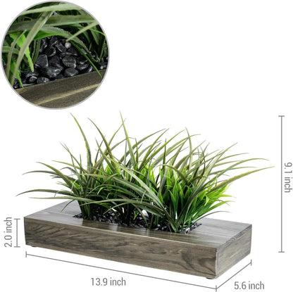 MyGift Fake Grass Plant in Rectangular Black Wood Planter (Black, 9.3 Inch)