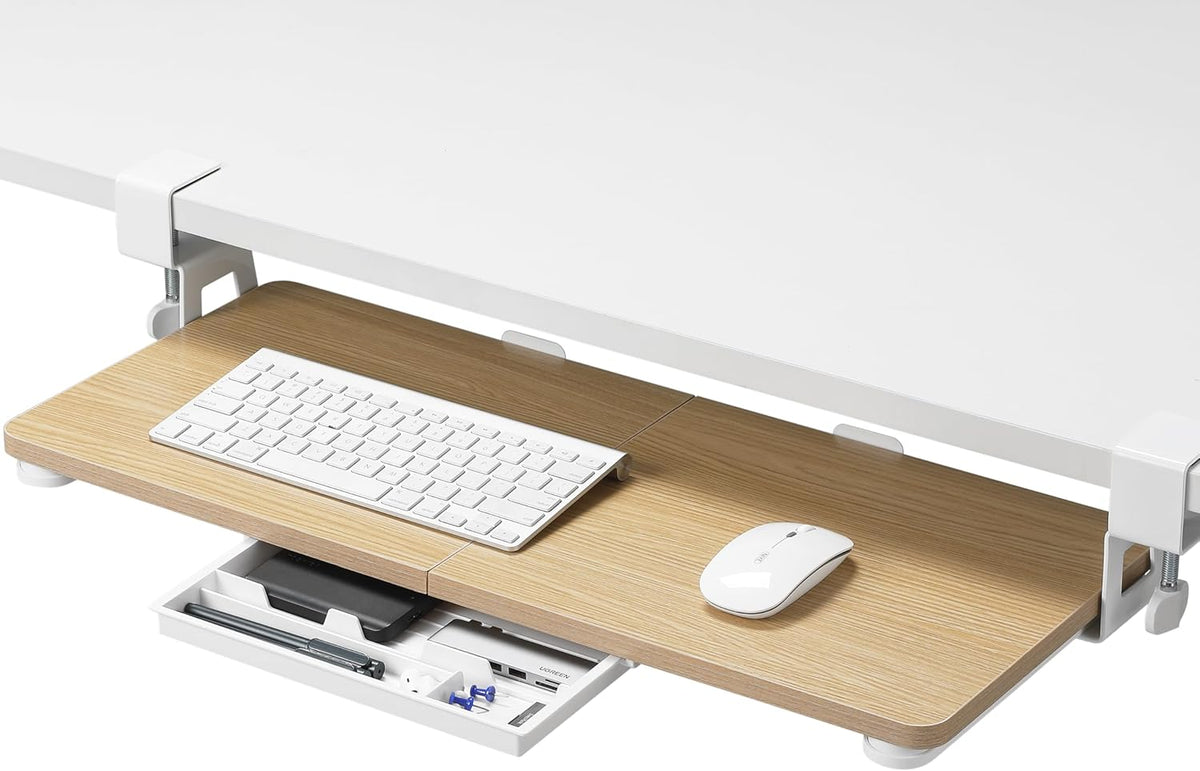 Under Desk Keyboard Tray with C-Clamp, 26.77x11.81, Oak