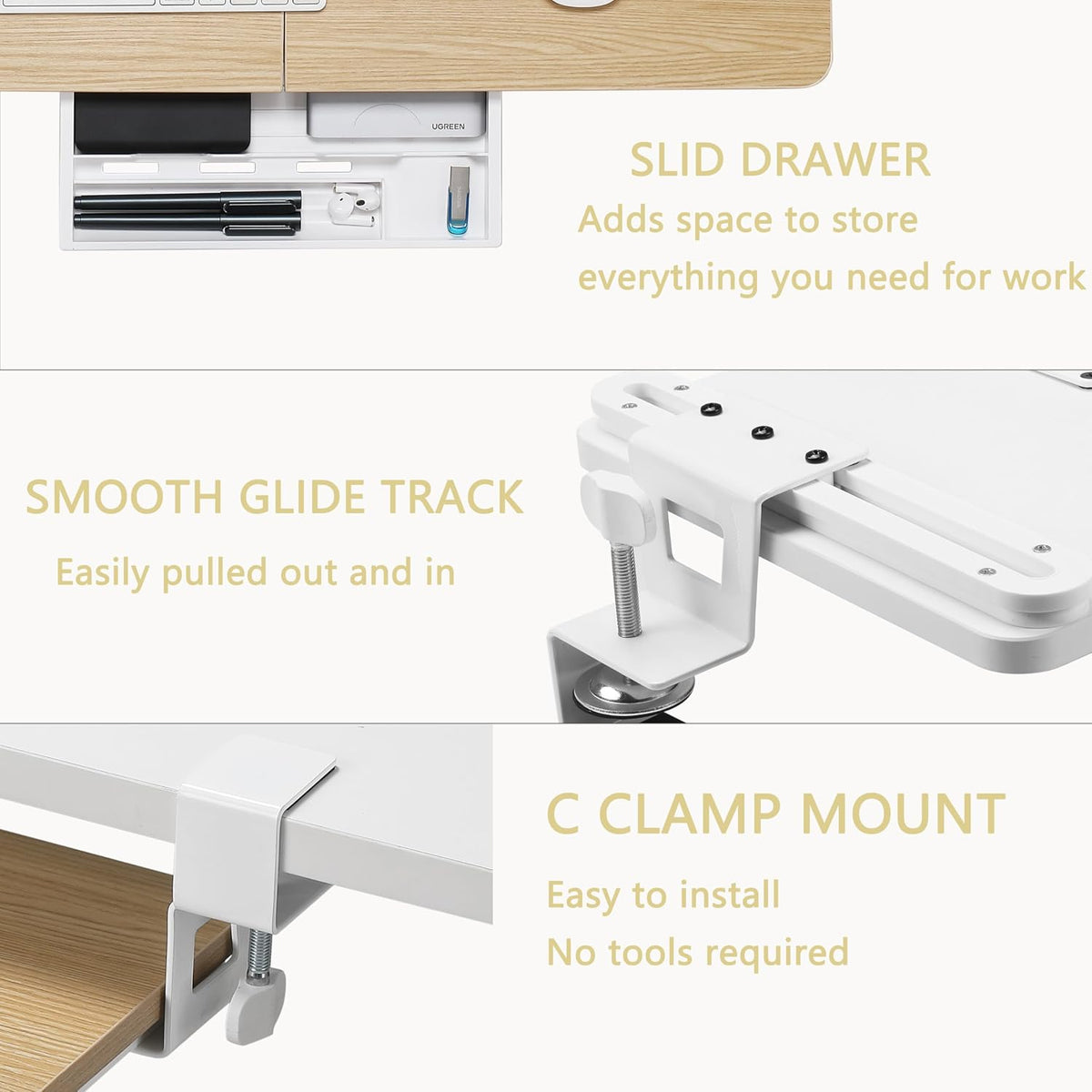 Under Desk Keyboard Tray with C-Clamp, 26.77x11.81, Oak