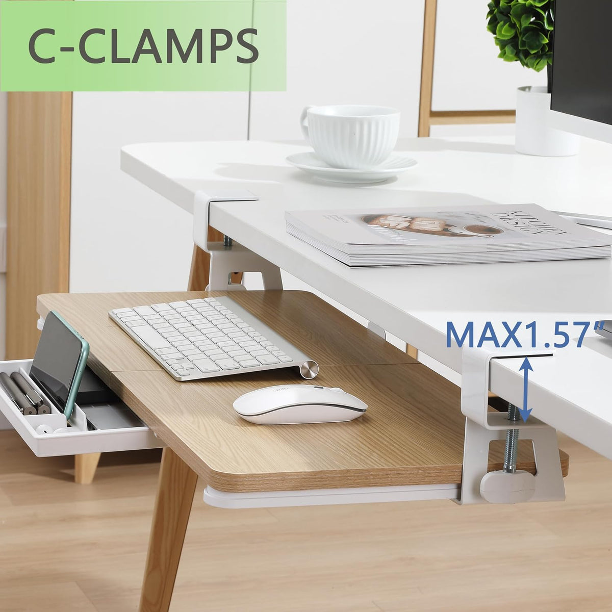 Under Desk Keyboard Tray with C-Clamp, 26.77x11.81, Oak