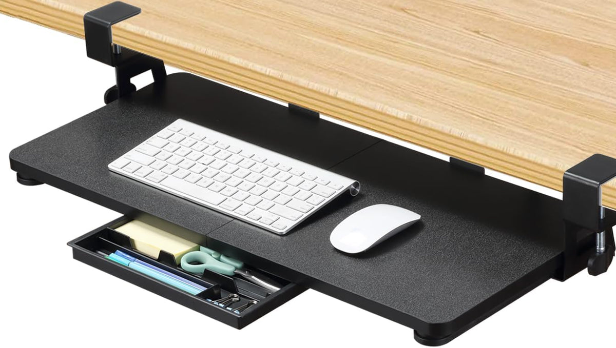 Under Desk Keyboard Tray with C-Clamp, 26.77x11.81, Oak