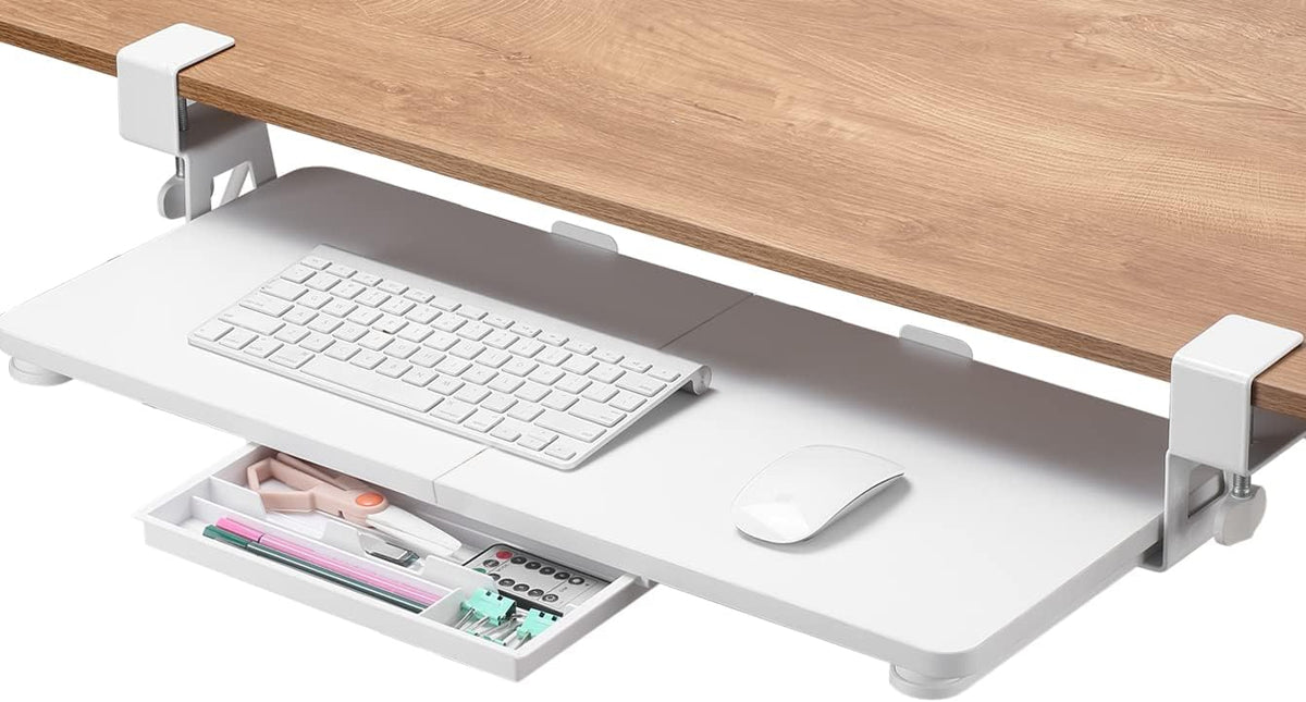 Under Desk Keyboard Tray with C-Clamp, 26.77x11.81, Oak