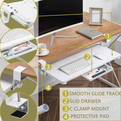 Under Desk Keyboard Tray with C-Clamp, 26.77x11.81, Oak