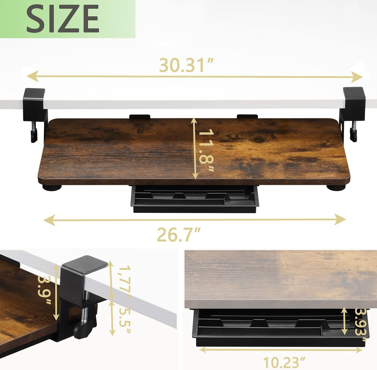 Under Desk Keyboard Tray with C-Clamp, 26.77x11.81, Oak