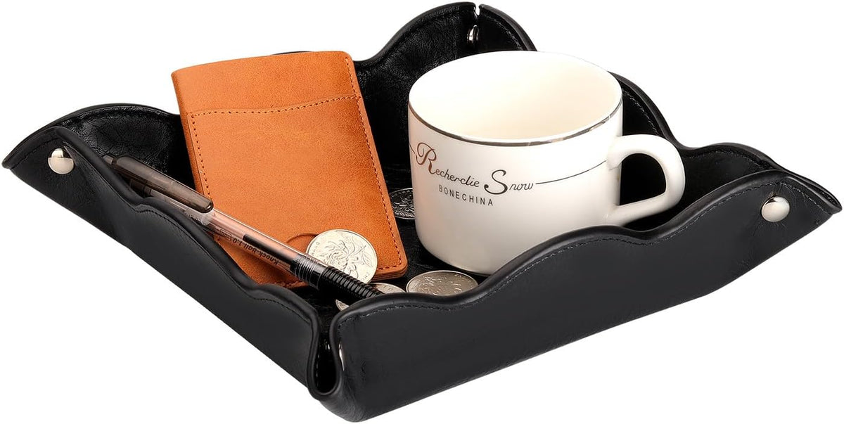 Valet Tray for Men Women - PU Leather Travel Catchall Tray Organizer - Desk Bedside Nightstand Storage Box for Jewelry Key Phone Remote Controller Wallet Watch Glasses Coin Readers -White