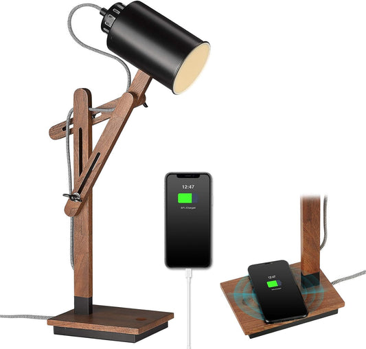 Touch Control Sapele Wood Desk Lamp with Wireless Charging & USB Port, LED Reading Task Light,Adjustable, Swing Arm Table Lamp for Bedroom, Study Work, Office, Dorm, Bulb Included, Black