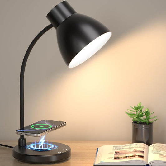 LED Desk Lamp for Home Office with Wireless Charger, Black