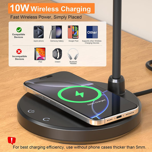LED Desk Lamp for Home Office with Wireless Charger, Black