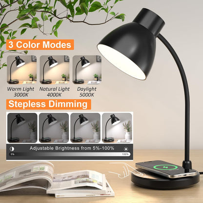 LED Desk Lamp for Home Office with Wireless Charger, Black