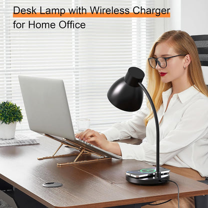 LED Desk Lamp for Home Office with Wireless Charger, Black