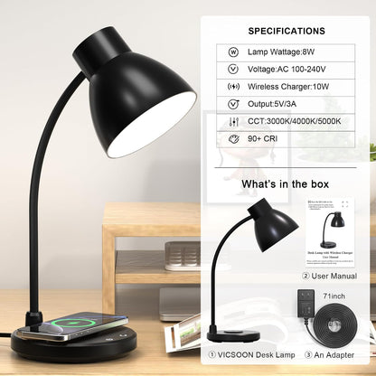 LED Desk Lamp for Home Office with Wireless Charger, Black