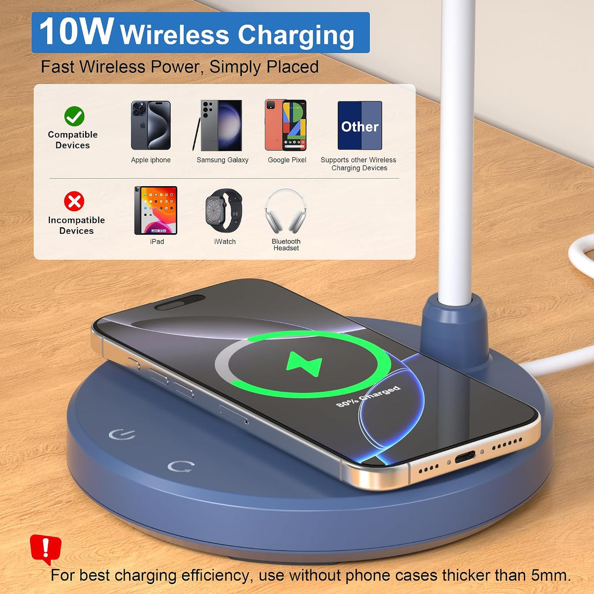 LED Desk Lamp for Home Office with Wireless Charger, Black