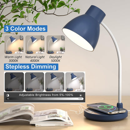 LED Desk Lamp for Home Office with Wireless Charger, Black