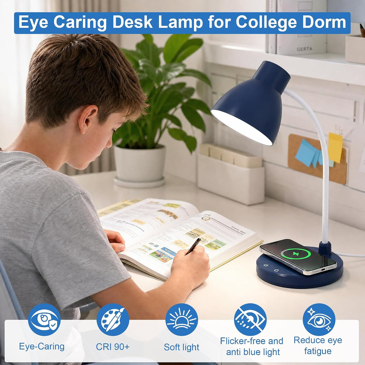 LED Desk Lamp for Home Office with Wireless Charger, Black