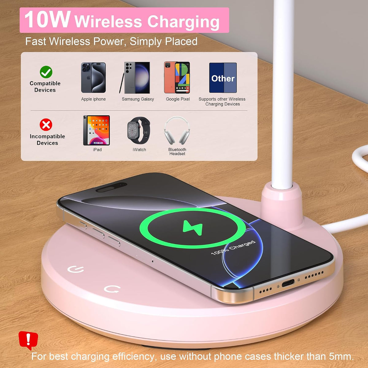 LED Desk Lamp for Home Office with Wireless Charger, Black