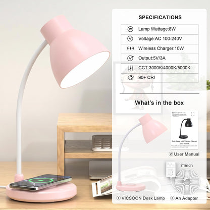 LED Desk Lamp for Home Office with Wireless Charger, Black