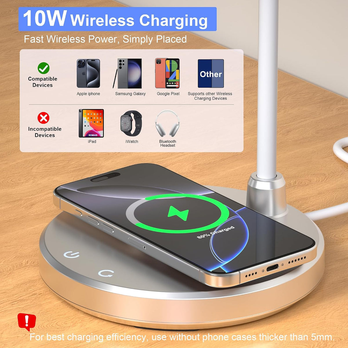 LED Desk Lamp for Home Office with Wireless Charger, Black