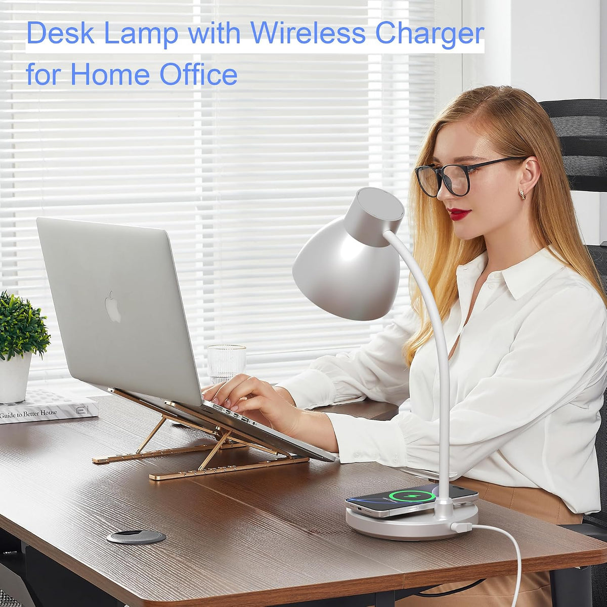 LED Desk Lamp for Home Office with Wireless Charger, Black