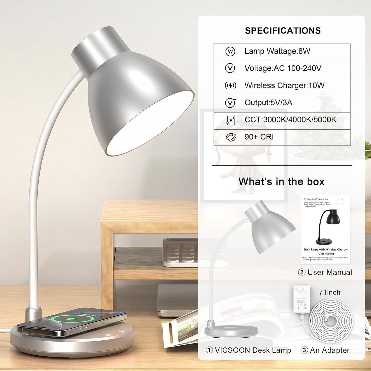 LED Desk Lamp for Home Office with Wireless Charger, Black