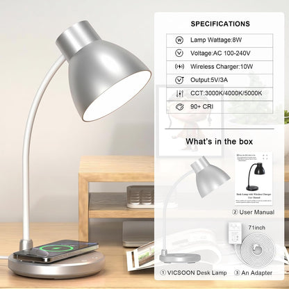 LED Desk Lamp for Home Office with Wireless Charger, Black