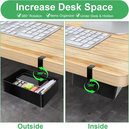 Under Desk Metal Drawer, Under Desk Drawer Organizer, 360° Swivel Hidden Under Desk Storage Drawers Slide out, No Drill Desk Pencil Drawer Organizer Tray for Home Office Storage