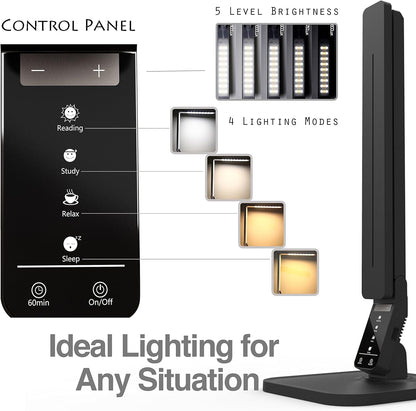 Dimmable LED Desk Lamp, 4 Lighting Modes (Reading/Studying/Relaxation/Bedtime), 5-Level Dimmer, Touch-Sensitive Control Panel, 1-Hour Auto Timer, 5V/1A USB Charging Port, Piano Black