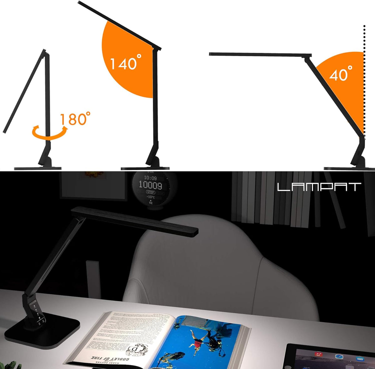 Dimmable LED Desk Lamp, 4 Lighting Modes (Reading/Studying/Relaxation/Bedtime), 5-Level Dimmer, Touch-Sensitive Control Panel, 1-Hour Auto Timer, 5V/1A USB Charging Port, Piano Black