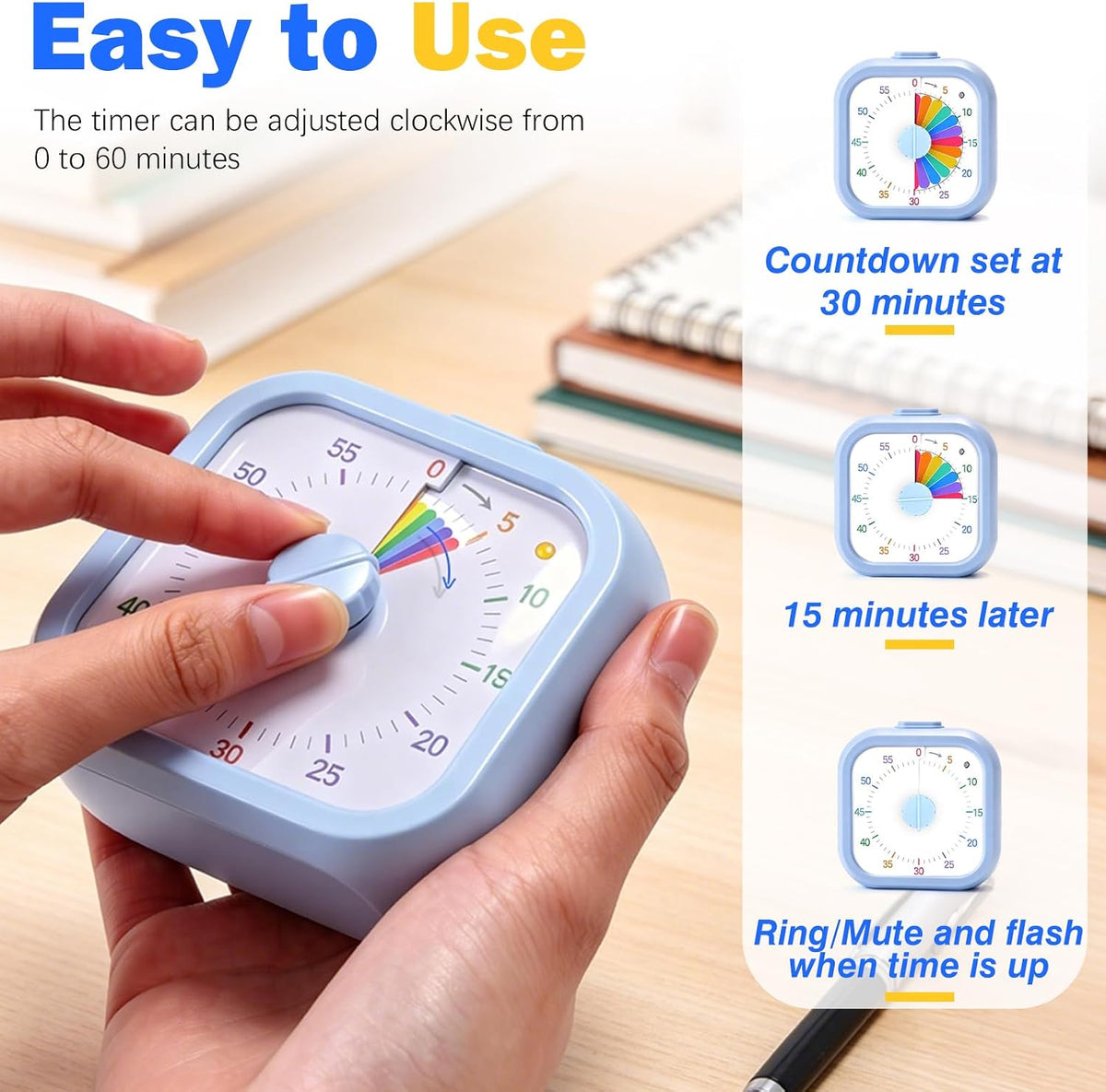 Visual Timer for Kids, 60 Minute Time Digital Pomodoro Timer Countdown with Silent Pause Function for Classroom Kitchen Study Cooking Meetings ADHD Rainbow Pattern(Blue)