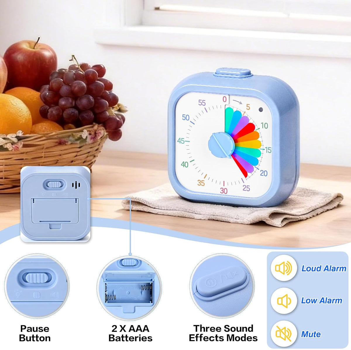Visual Timer for Kids, 60 Minute Time Digital Pomodoro Timer Countdown with Silent Pause Function for Classroom Kitchen Study Cooking Meetings ADHD Rainbow Pattern(Blue)