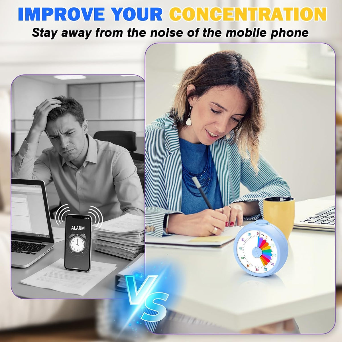 Visual Timer for Kids, 60 Minute Time Digital Pomodoro Timer Countdown with Silent Pause Function for Classroom Kitchen Study Cooking Meetings ADHD Rainbow Pattern(Blue)