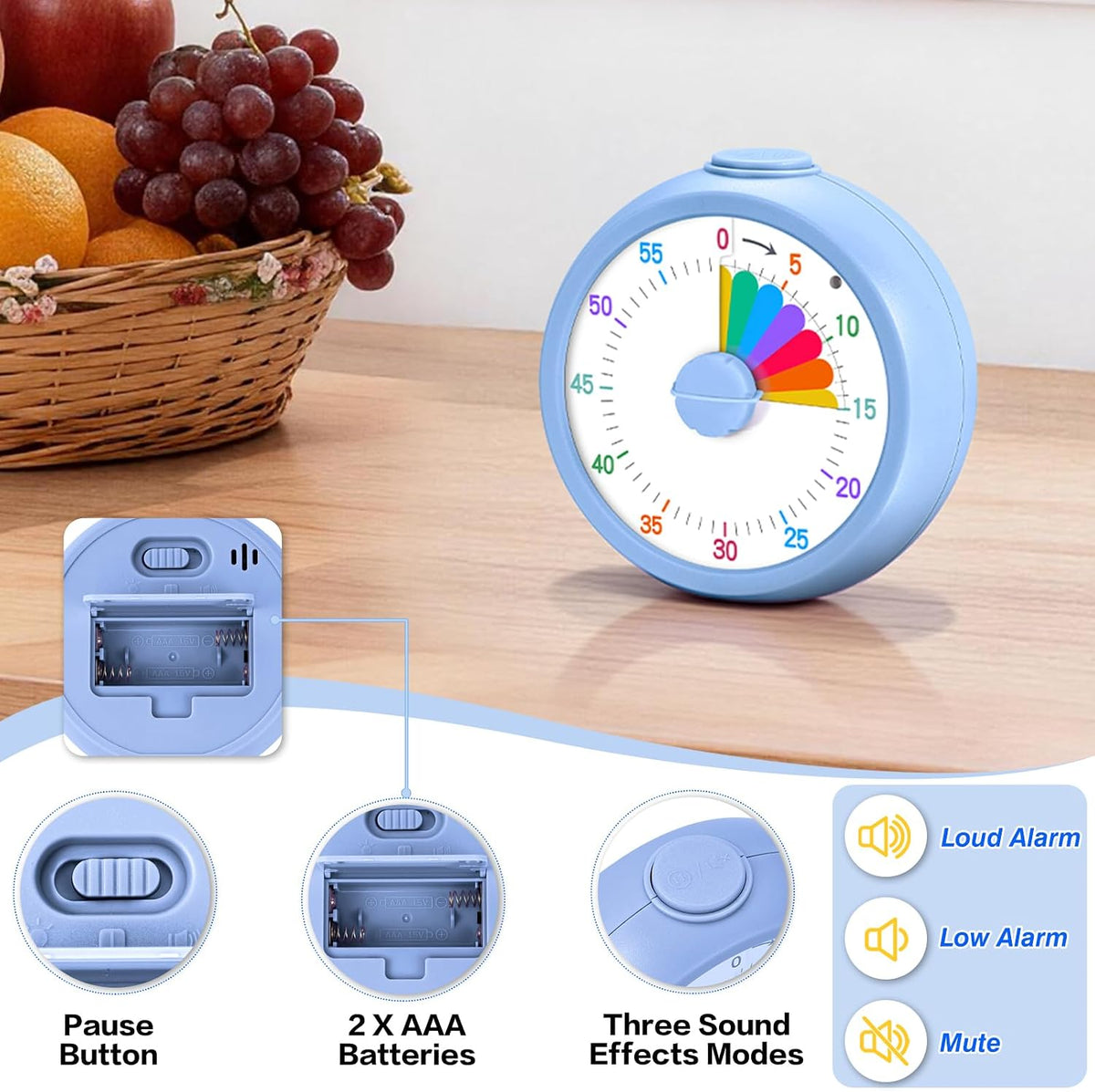 Visual Timer for Kids, 60 Minute Time Digital Pomodoro Timer Countdown with Silent Pause Function for Classroom Kitchen Study Cooking Meetings ADHD Rainbow Pattern(Blue)