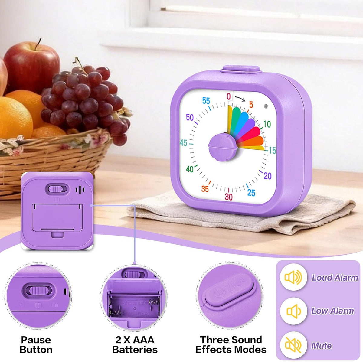 Visual Timer for Kids, 60 Minute Time Digital Pomodoro Timer Countdown with Silent Pause Function for Classroom Kitchen Study Cooking Meetings ADHD Rainbow Pattern(Blue)