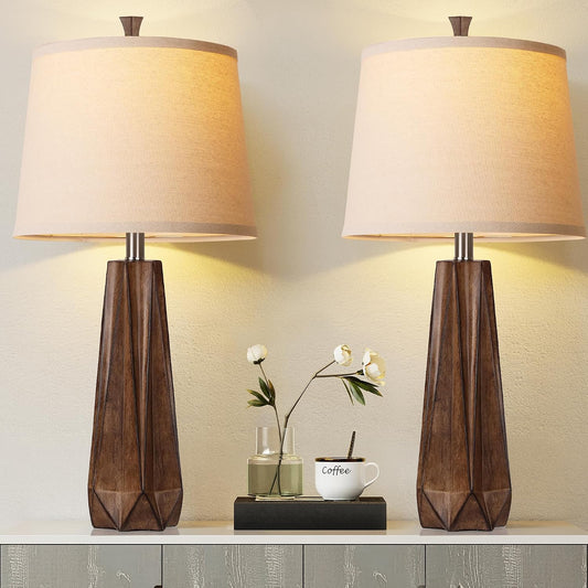 27" Wood Grain Resin Table Lamp Set of 2,Modern Beside Lamp for Decor