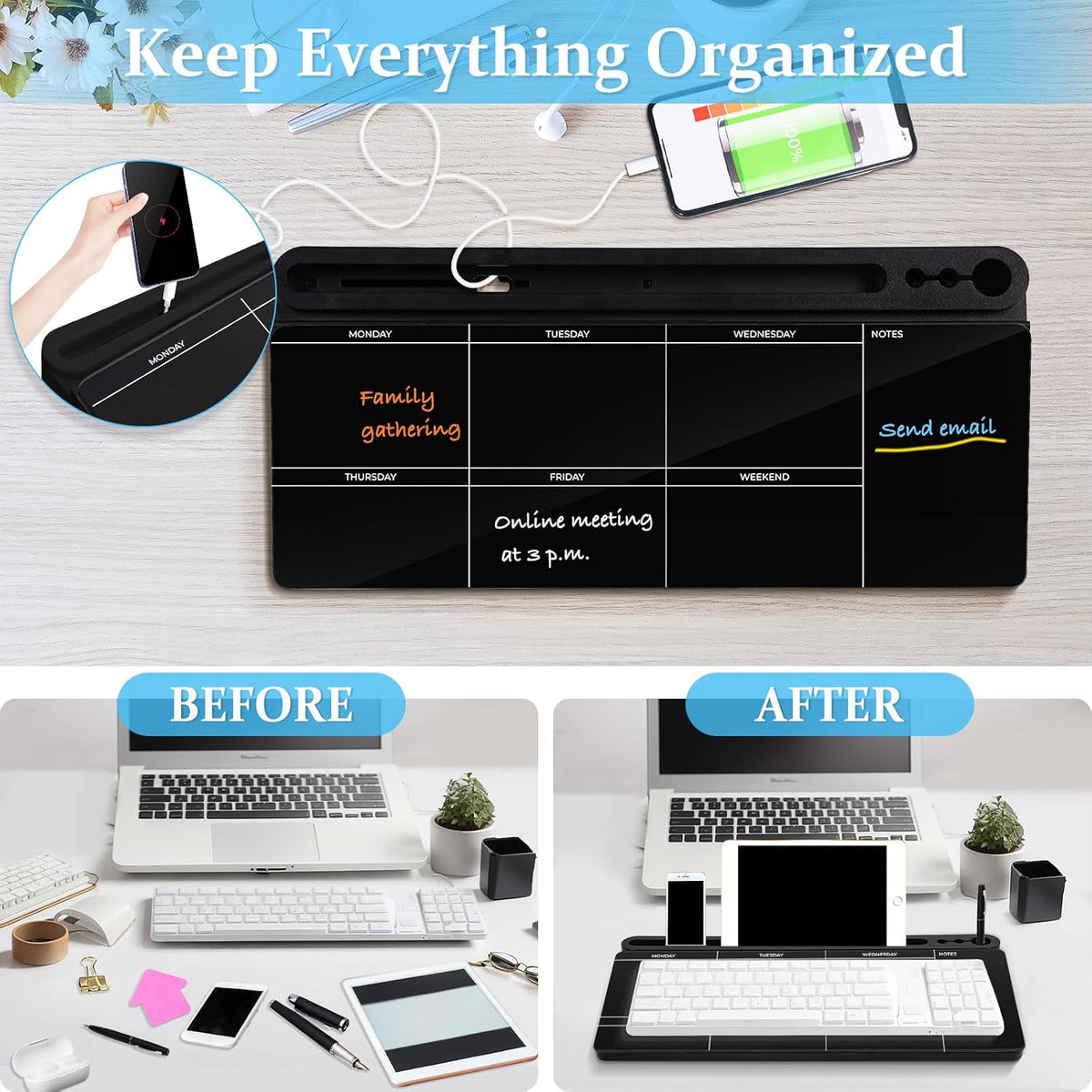 Glass Desk Whiteboard Small Dry Erase Board, White