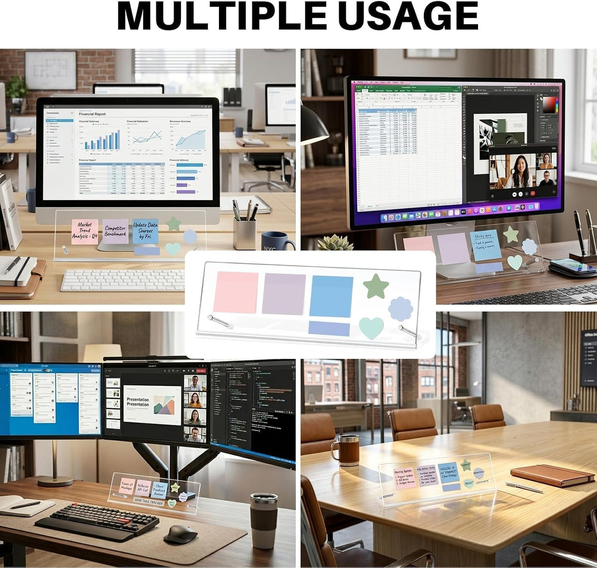 Monitor Memo Board Holder 14"x5", Office Organization Memo Holders for Computer Sticky Note Holder, Space-Saving Under Monitor, Movable & Reusable, Screen Saver for Office & Home Desktop Decor