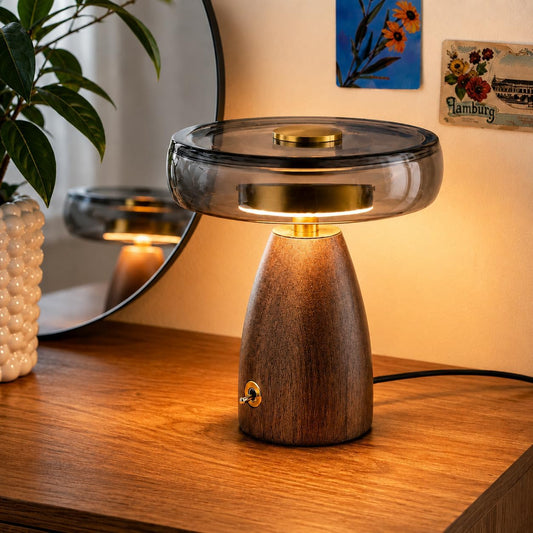 Aesthetic 9” Table Lamp for Living Room, Bedroom, Bedside, Nightstand Lamp with Wood Base, Stained Glass Shade, 3 Color Temperature, Vintage Retro Mushroom Mid Century Modern Lamp, Desk Decor