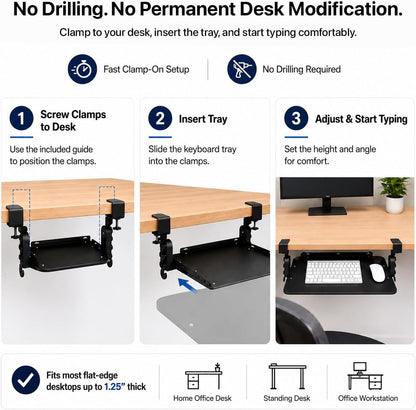 Keyboard Tray Under Desk Slide Out Clamp On (Black)