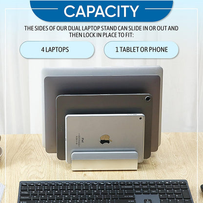5- Slot Vertical Laptop Stand - Aluminum Laptop Stand Vertical for Desk - Adjustable Width (12-38mm) Fits MacBook Pro/Air, Surface & Gaming Laptops upto 17.3"-Heavy Duty Laptop Holder-Silver