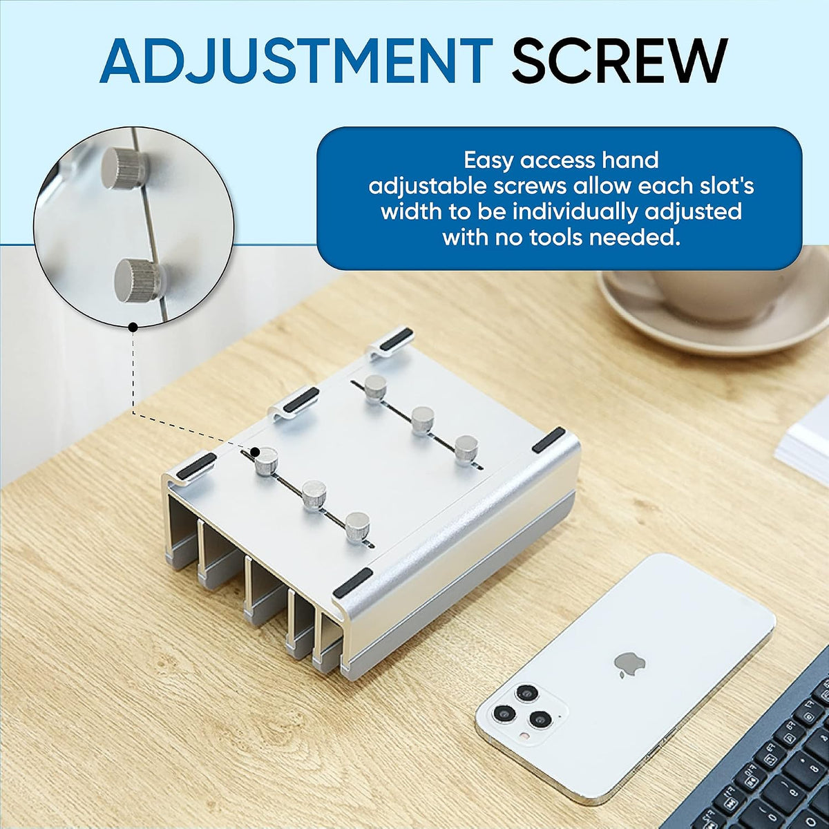 5- Slot Vertical Laptop Stand - Aluminum Laptop Stand Vertical for Desk - Adjustable Width (12-38mm) Fits MacBook Pro/Air, Surface & Gaming Laptops upto 17.3"-Heavy Duty Laptop Holder-Silver